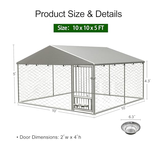 Large Outdoor Galvanized Steel Dog Kennel with Cover, 90" L x 90" W x 65" H Z323042