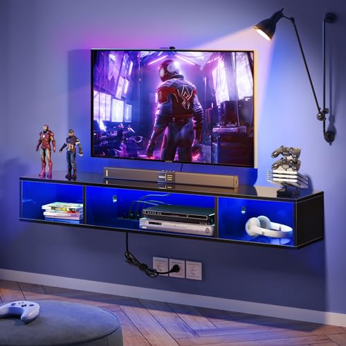 Glossy Black Wall Mounted TV Stand with Power Outlet and RGB Lights R695