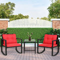 3 Pieces Wicker Rocking Bistro Conversation Set Chairs Outdoor with Cushions and Glass Coffee Table B917