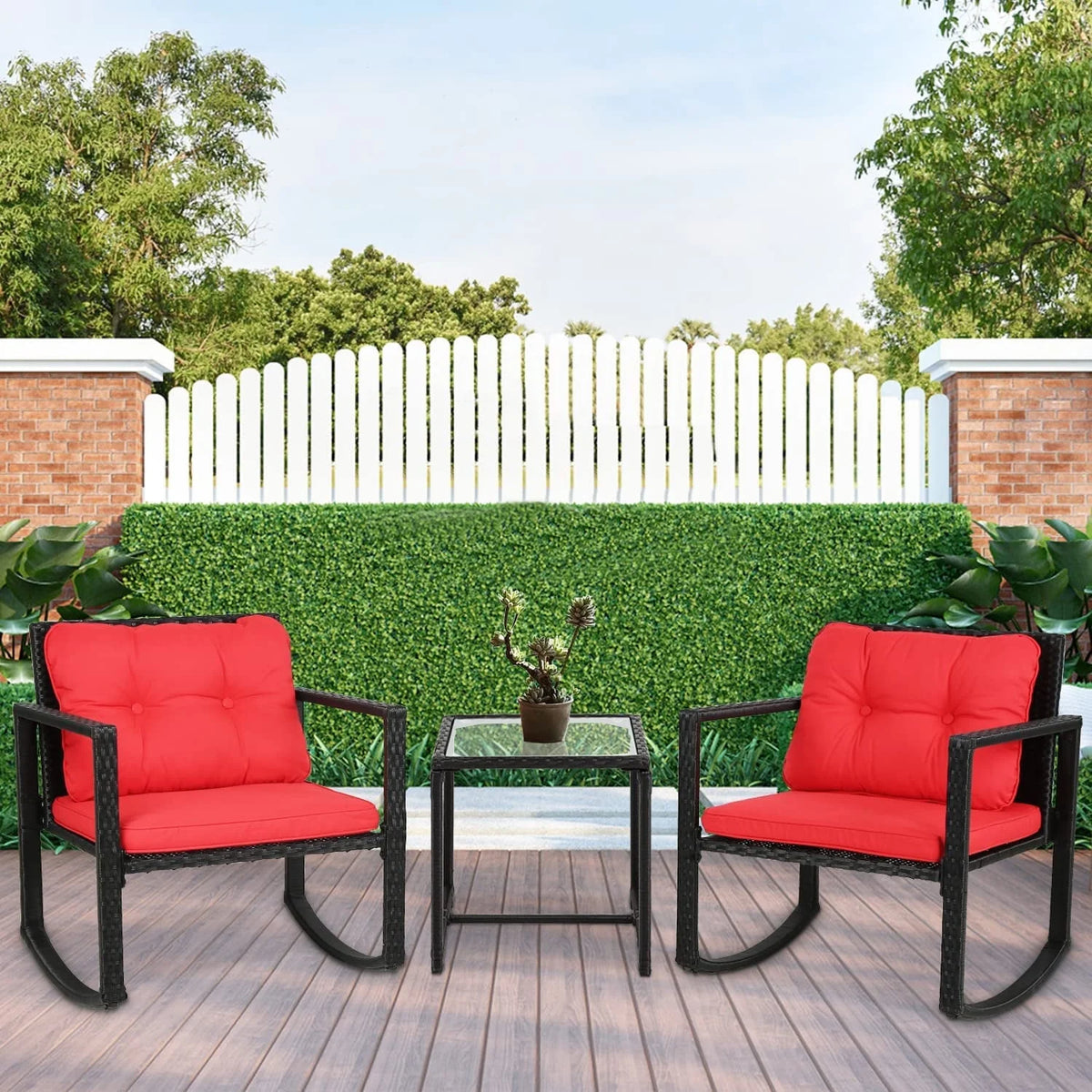 3 Pieces Wicker Rocking Bistro Conversation Set Chairs Outdoor with Cushions and Glass Coffee Table B917