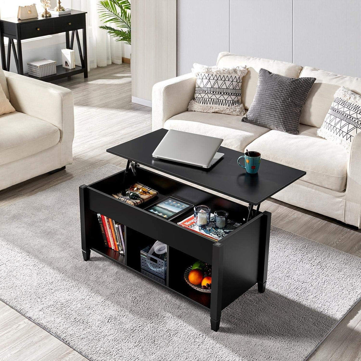 Black Lift Top Wood Coffee Table with Storage Shelf G9168