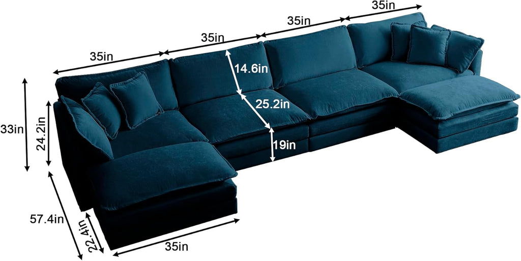 U Shaped Convertible Modular Sectional Sofa with Movable Ottomans, 5-Seater Deep Seat Chenille Upholstered Sleeper Sofa N6693