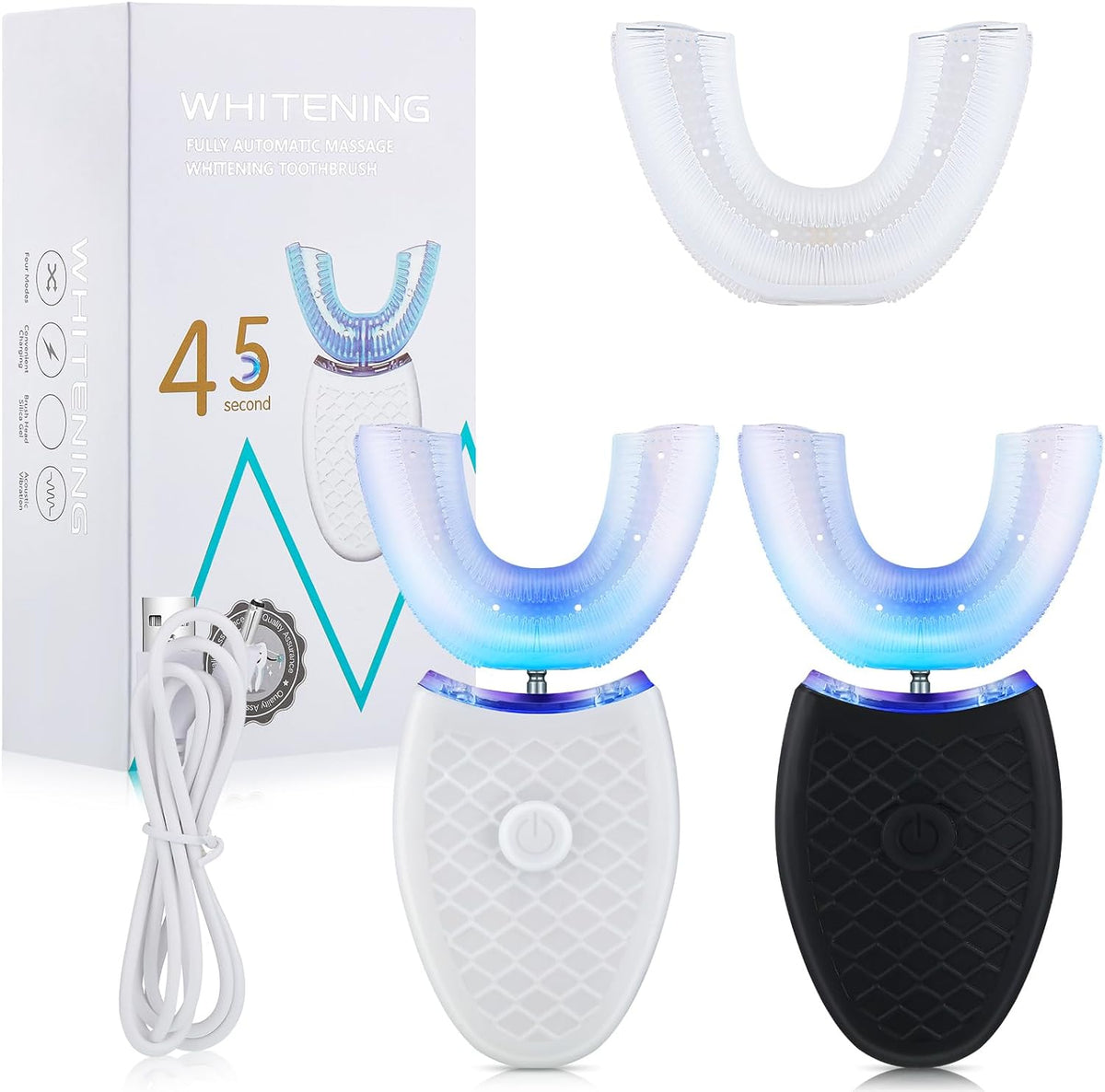 2 Pieces Ultrasonic U Shaped Automatic Toothbrushes with 3 Brush Heads I301746