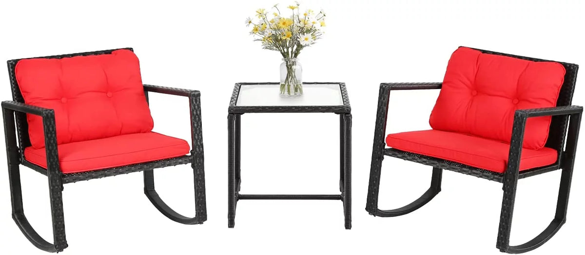 3 Pieces Wicker Rocking Bistro Conversation Set Chairs Outdoor with Cushions and Glass Coffee Table B917