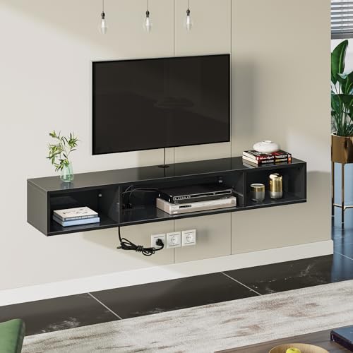 Glossy Black Wall Mounted TV Stand with Power Outlet and RGB Lights R695