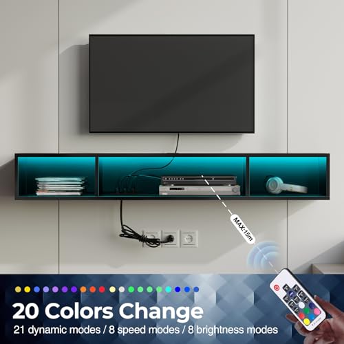 Glossy Black Wall Mounted TV Stand with Power Outlet and RGB Lights R695
