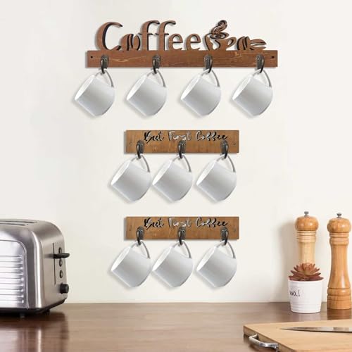 3 Pack Wall Mounted Wooden Coffee Mug Shelf with 10 Hooks D5071
