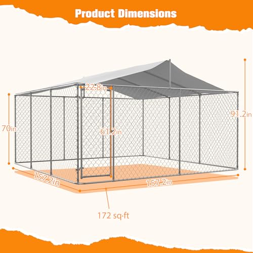 Large Outdoor Galvanized Steel Dog Kennel with Cover, 90" L x 90" W x 65" H Z323042