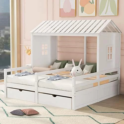 White Wood House Bed with 2 Platform Beds and Storage Drawers O9355