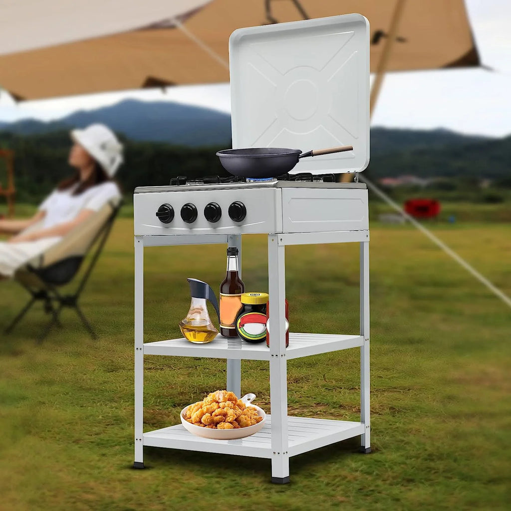Portable 4 Burner Gas Stove with Support Leg Stand and Storage Rack R963546