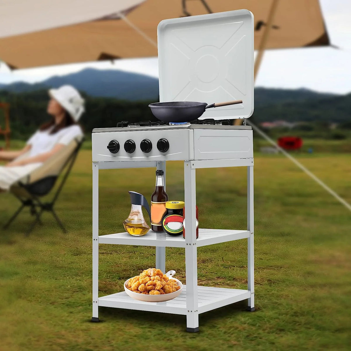 Portable 4 Burner Gas Stove with Support Leg Stand and Storage Rack R963546