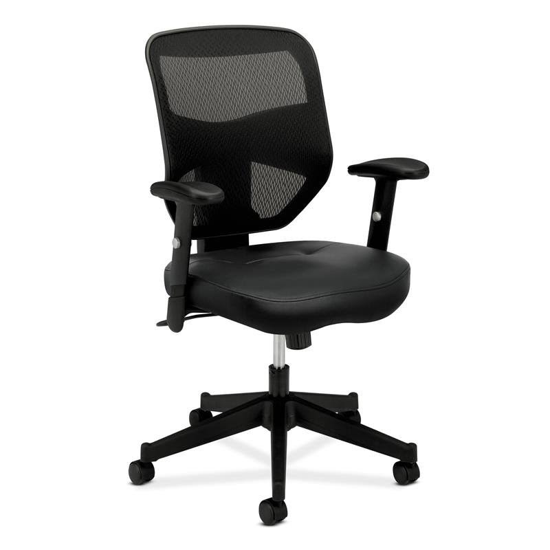 Leather High-Back Mesh Work Chair with Adjustable Arms in Black V384