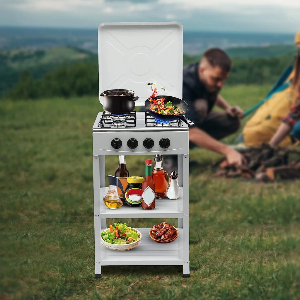 Portable 4 Burner Gas Stove with Support Leg Stand and Storage Rack R963546