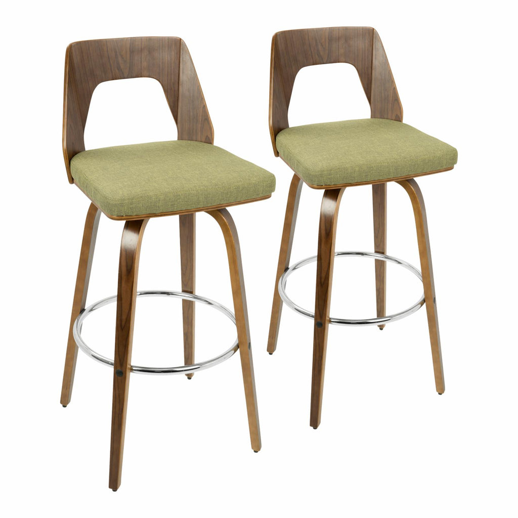 30" Mid-Century Modern Fixed Height Barstool With Swivel In Walnut And Green Fabric - Set Of 2 V1005