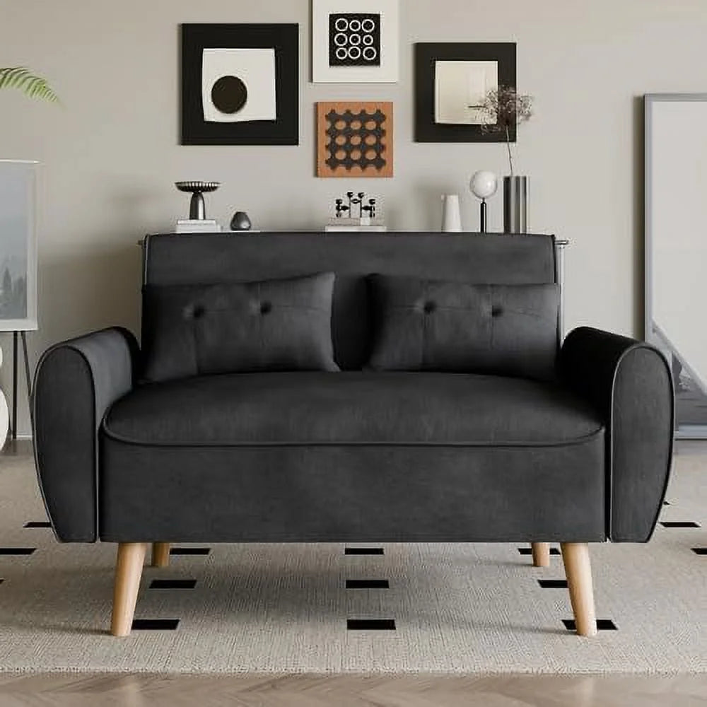 47" Linen Fabric Tufted Loveseat Sofa with Wood Legs N52513