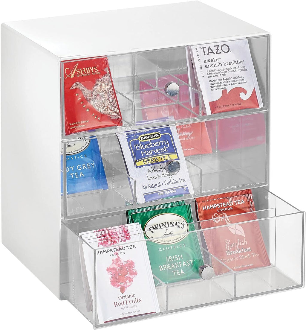 White/Clear Plastic 3 Drawer Tea Bag Caddy Box Storage Container Organizer Holder U734