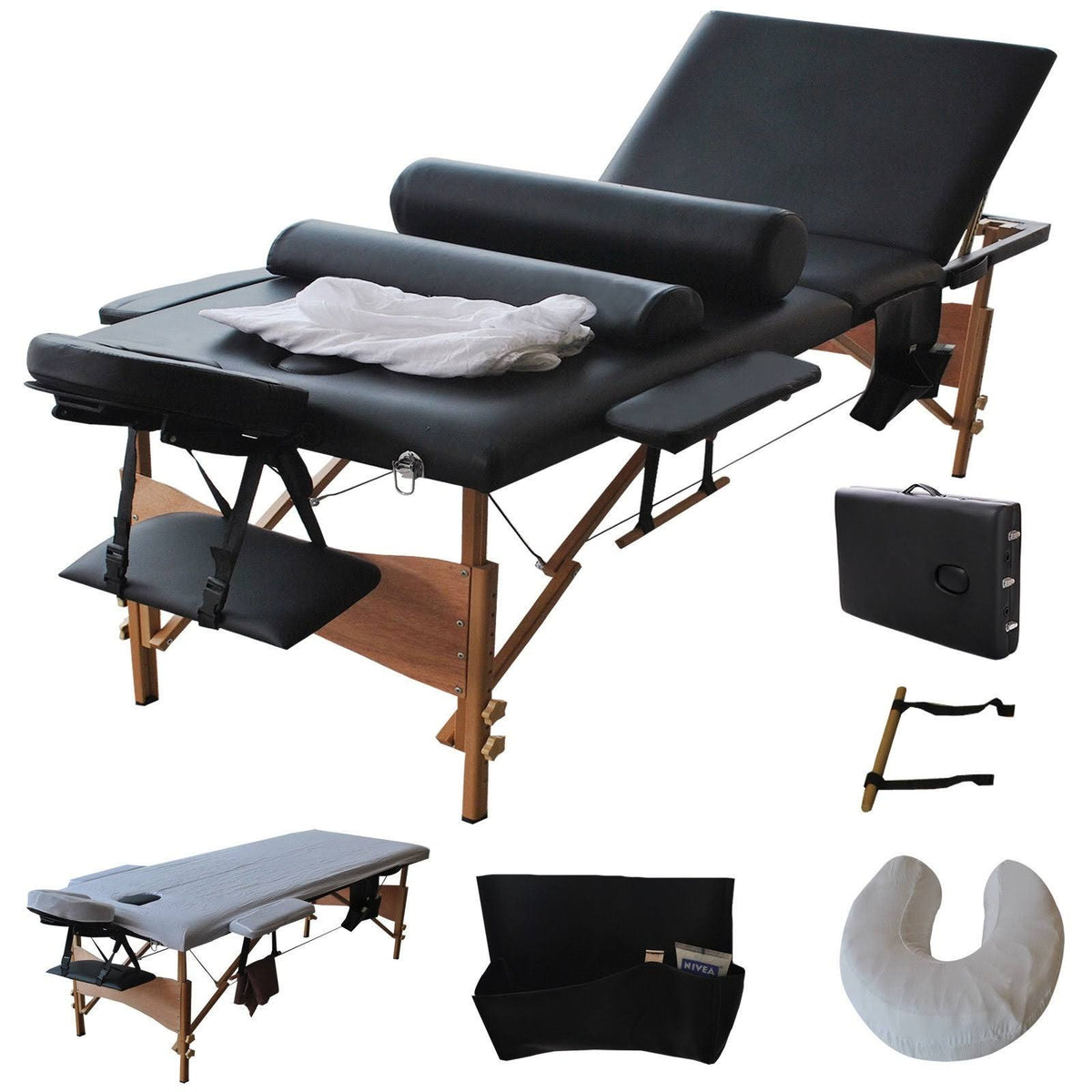 84"L 3 Fold Massage Table Portable Facial Bed with Sheet, Cradle Cover and 2 Bolster Black H566