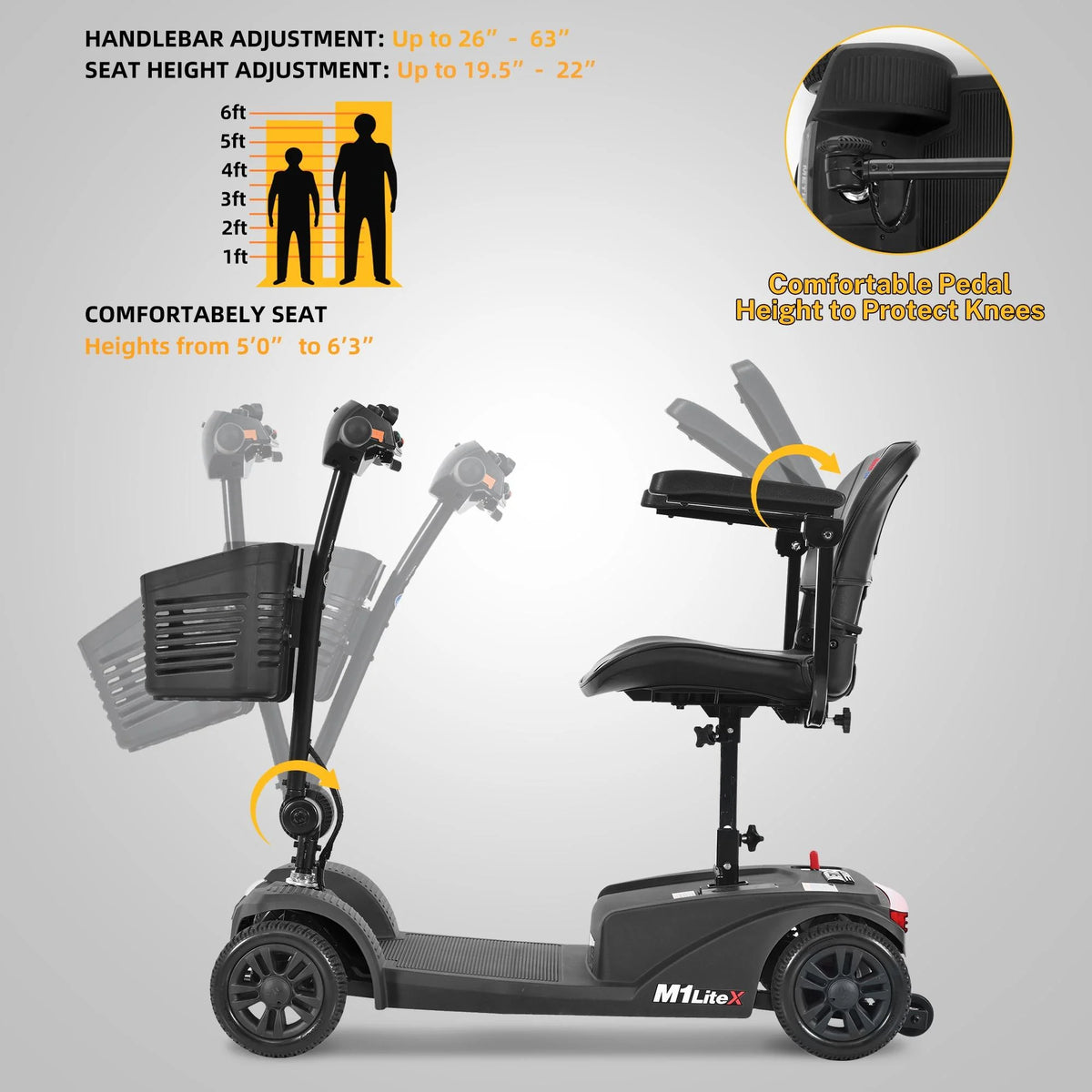 Heavy Duty 4-Wheel Mobility Scooter with Front & Rear Light, Black Y5489