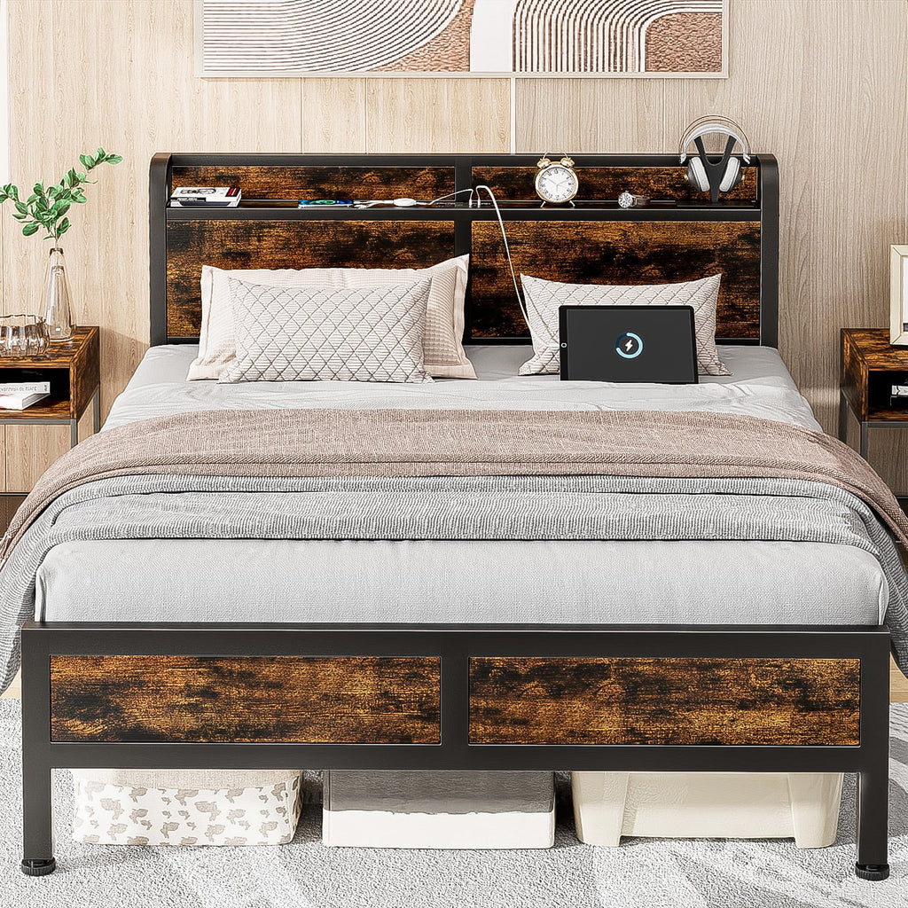 Queen Size Metal Platform Bed Frame with Storage Headboard X866883