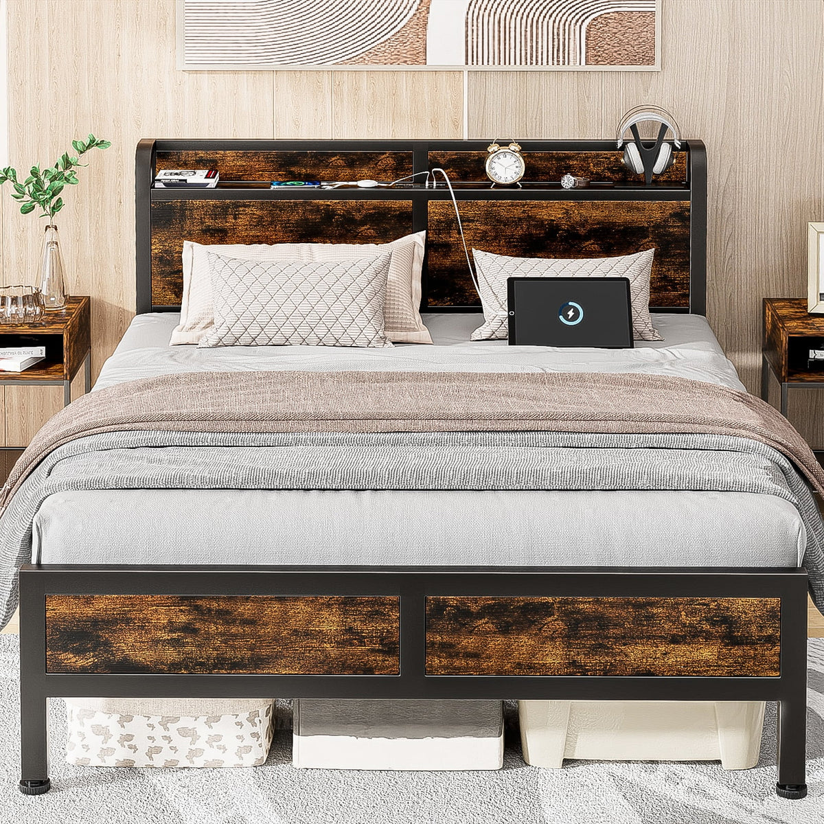 Queen Size Metal Platform Bed Frame with Storage Headboard X866883