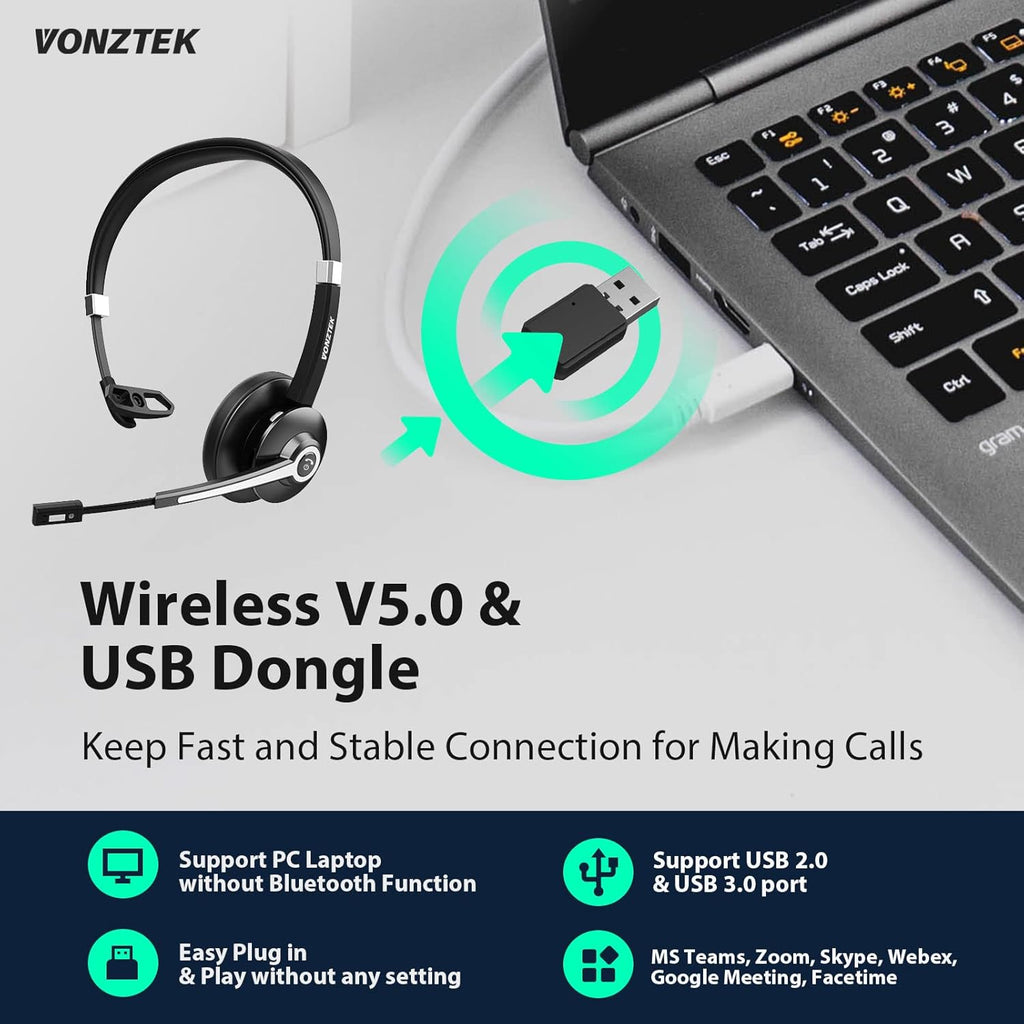 Bluetooth Headset with Microphone, Wireless Headphones with Mic, Noise Canceling, Hands Free Headsets, Pack of 2 O9562