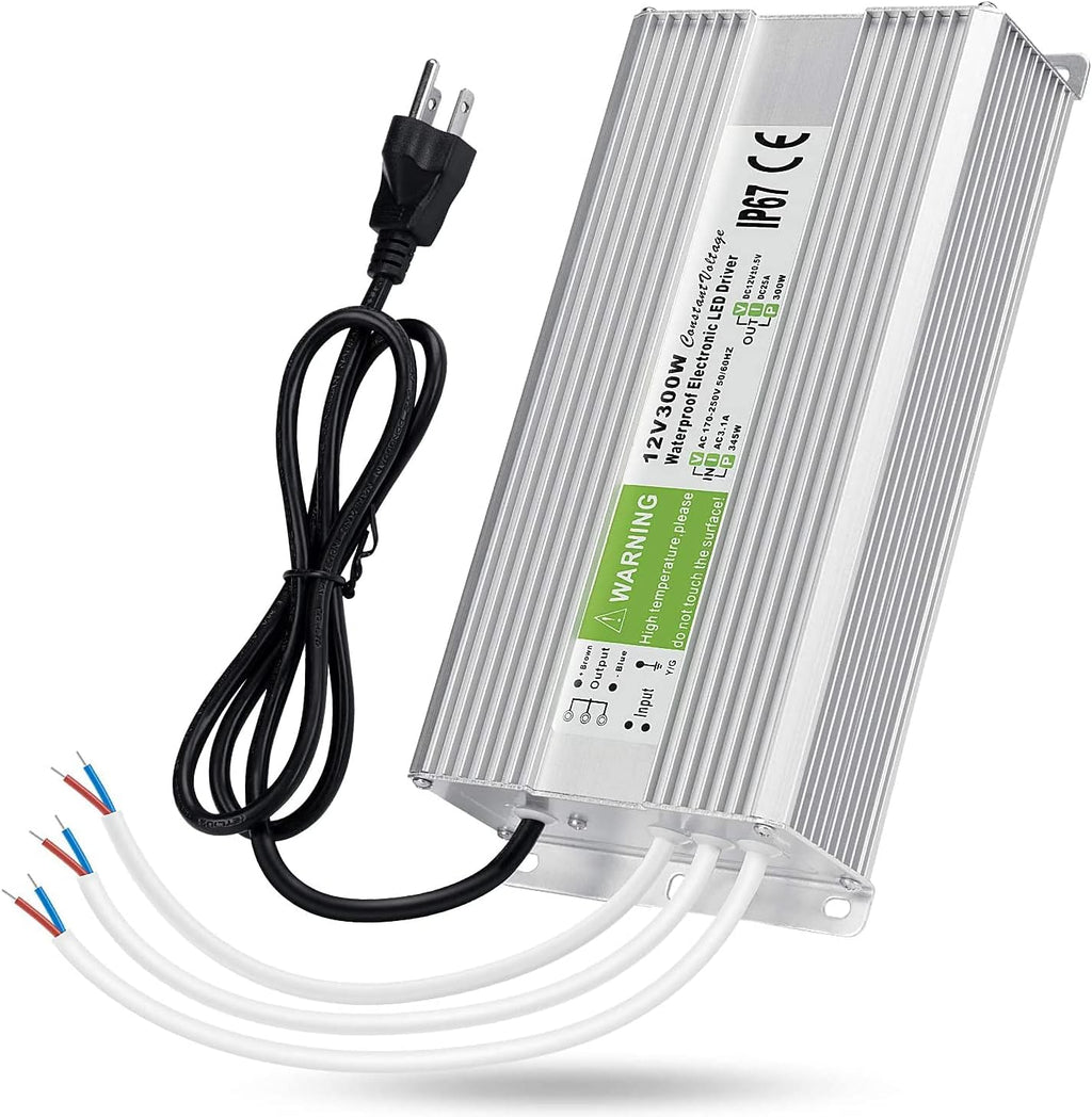 LEDMO IP67 Power Supply 300 Watts DC12V 25A AC/DC Driver Transformer Adapter Low Voltage Output with 3-Prong Plug 3.3 Feet Cable E1658