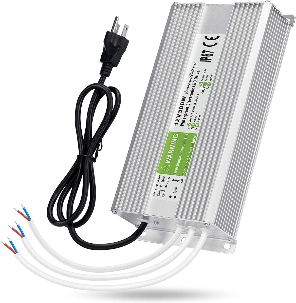 LEDMO IP67 Power Supply 300 Watts DC12V 25A AC/DC Driver Transformer Adapter Low Voltage Output with 3-Prong Plug 3.3 Feet Cable E1658