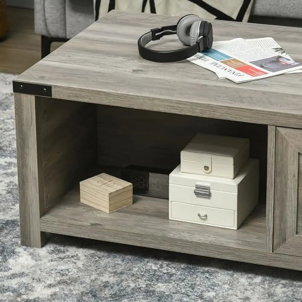 White Farmhouse Coffee Table with Drawer and Open Shelf K797119