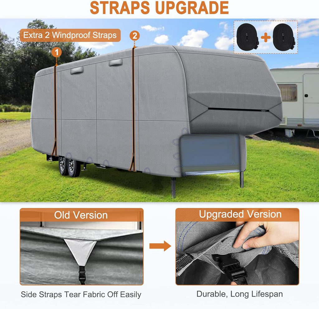 6 Layers Top 5th Wheel RV Cover Anti-UV Camper Cover Breathable Rip-Stop with 2Pcs Extra Straps & Gutter Spout Covers R813