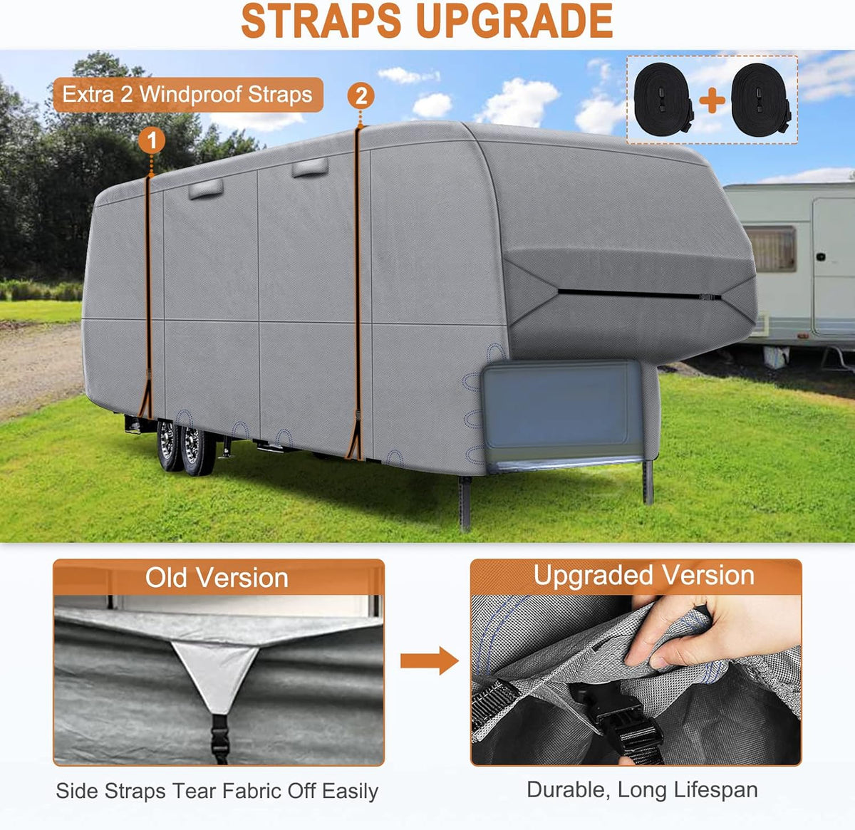 6 Layers Top 5th Wheel RV Cover Anti-UV Camper Cover Breathable Rip-Stop with 2Pcs Extra Straps & Gutter Spout Covers R813