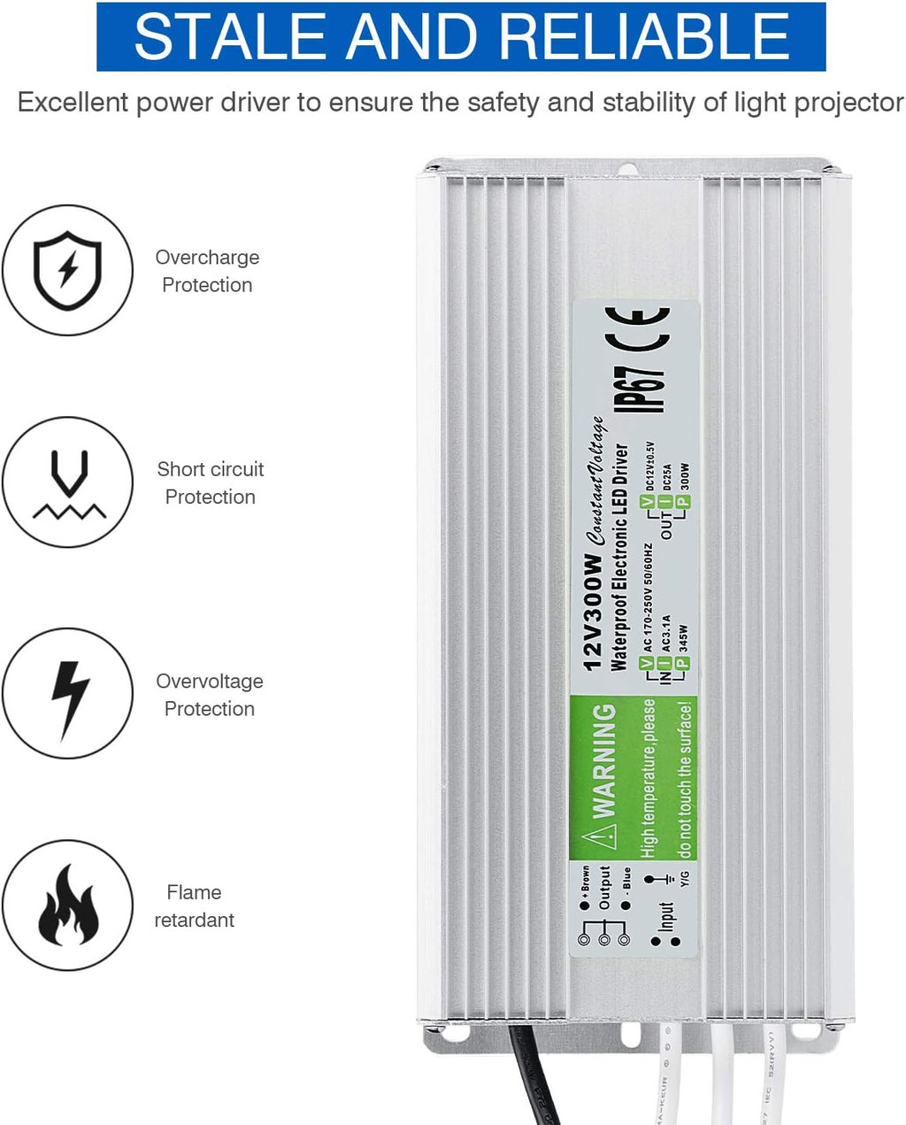 LEDMO IP67 Power Supply 300 Watts DC12V 25A AC/DC Driver Transformer Adapter Low Voltage Output with 3-Prong Plug 3.3 Feet Cable E1658