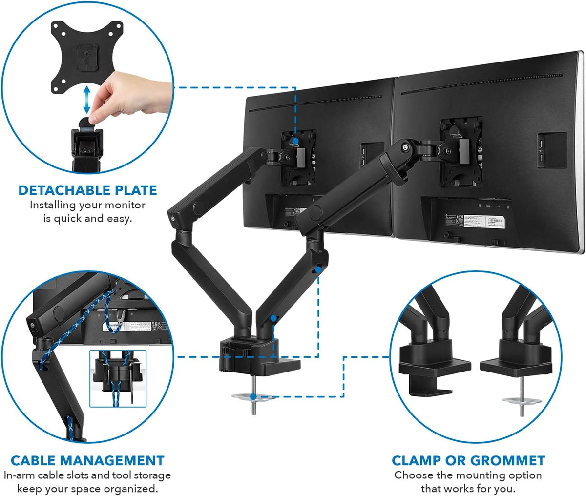 Dual Monitor Arm Mount Desk Stand, Height Adjustable, Fits Two 24 27 29 30 32 Inch VESA 75 100 Screens E67732