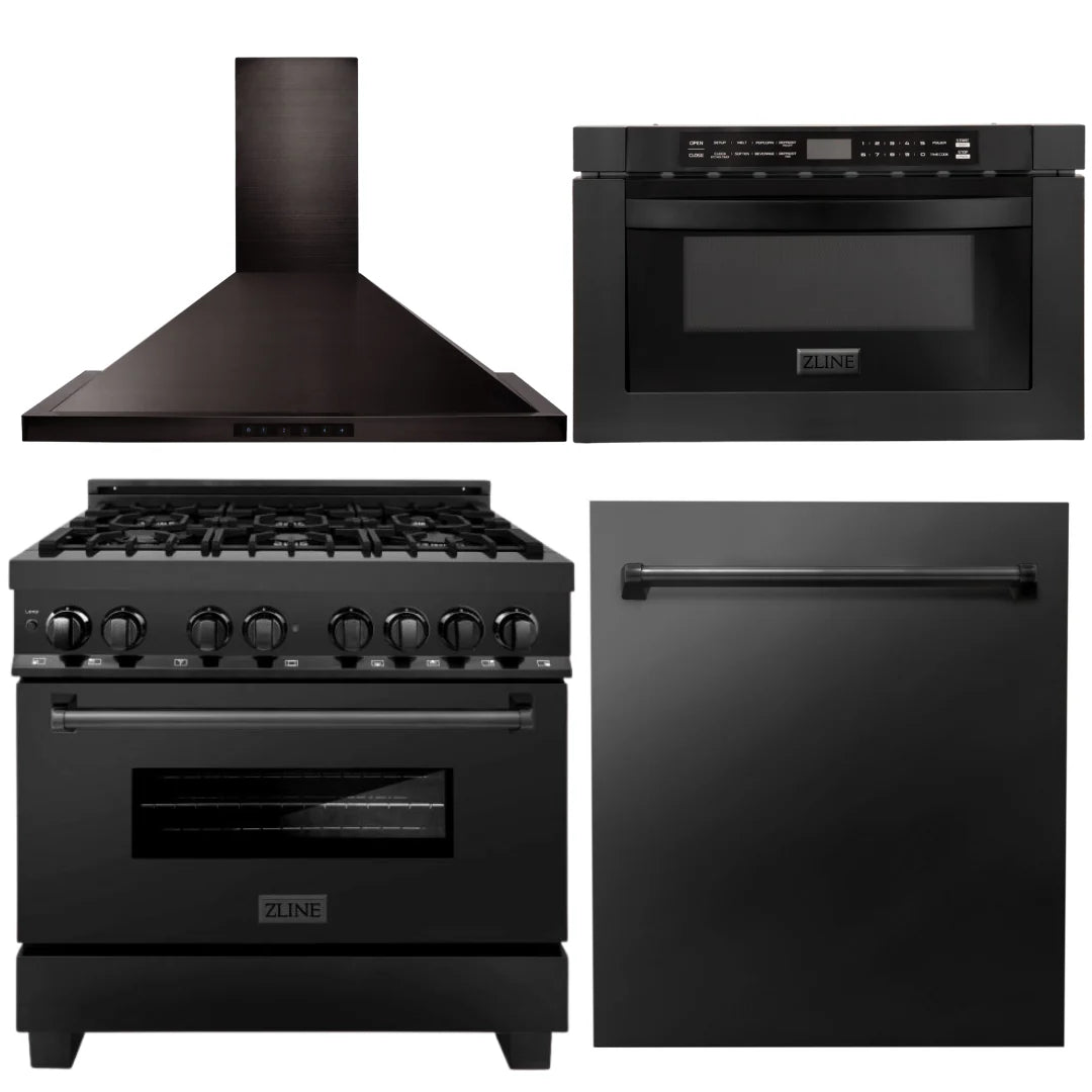 36 Dual Fuel Range, Range Hood, Microwave, Dishwasher in Black Stainless Steel F83288
