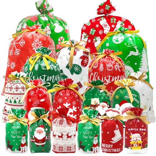 43 PCS Christmas Drawstring Gift Bags Assorted Sizes with Rope G2578