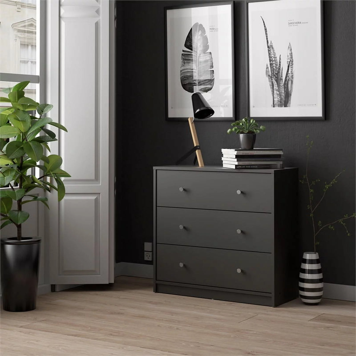 Black 3 Drawer Chest and 6 Drawer Double Dresser Set I2526