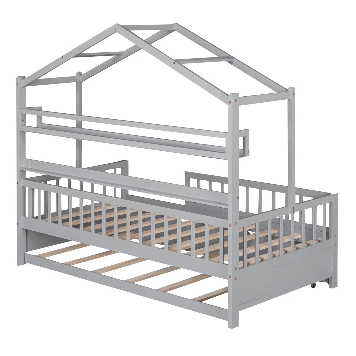 Wood Twin Size House Bed with Bookcase and Trundle E82367