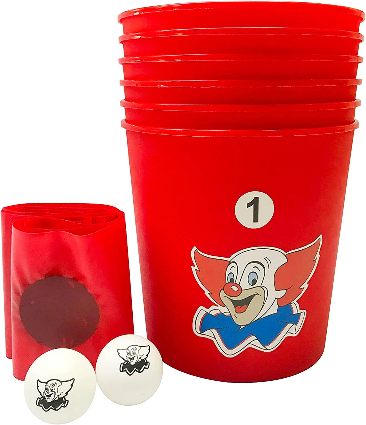 Bozo The Clown Bucket Bonanza Yard Games Pong Set with 6 Durable Buckets, 1 Vinyl Strip and 2 Balls H57824
