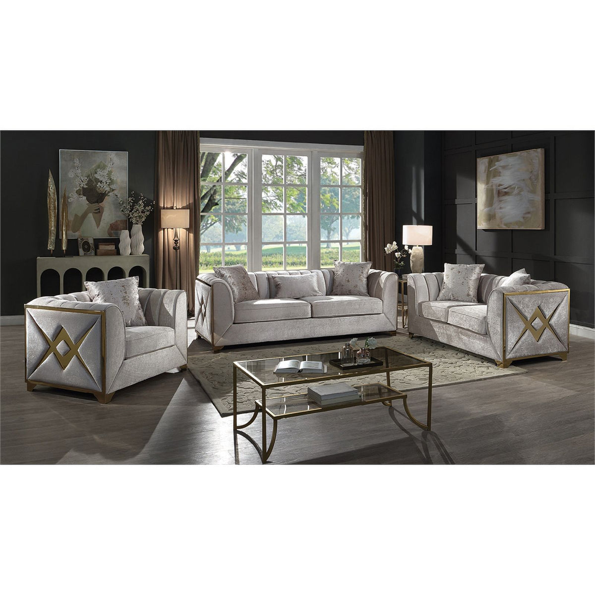 Cream 3 PC Wood Living Room Set Y524886