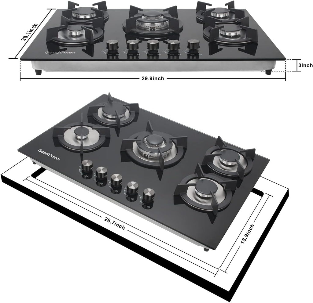 30 Inch 5 Burner Gas Cooktop with Cast Iron Grates W256
