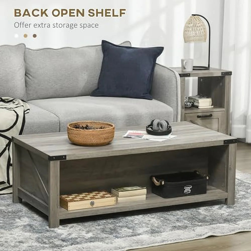 White Farmhouse Coffee Table with Drawer and Open Shelf K797119