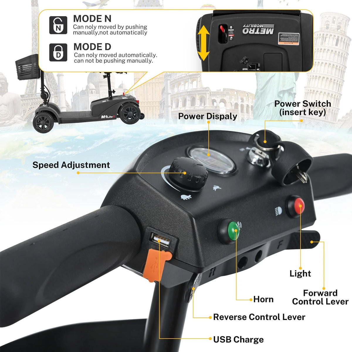 Heavy Duty 4-Wheel Mobility Scooter with Front & Rear Light, Black Y5489