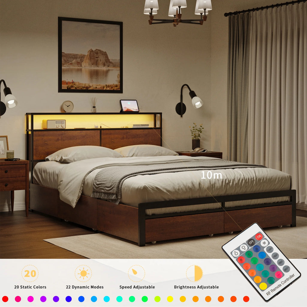 Queen Size Bed Frame with Headboard and 4 Storage Drawers X51551