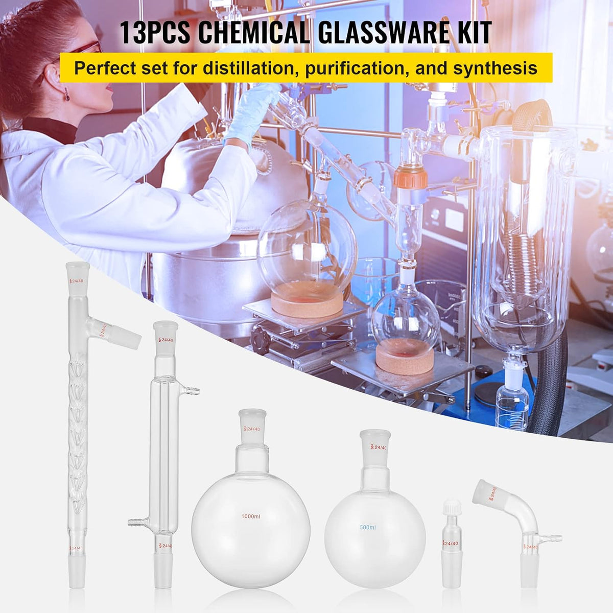 13pcs Borosilicate Glass Distillation Apparatus Kit with 1000ml Round Bottom Flask J69120