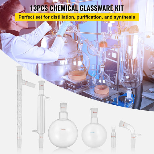 13pcs Borosilicate Glass Distillation Apparatus Kit with 1000ml Round Bottom Flask J69120