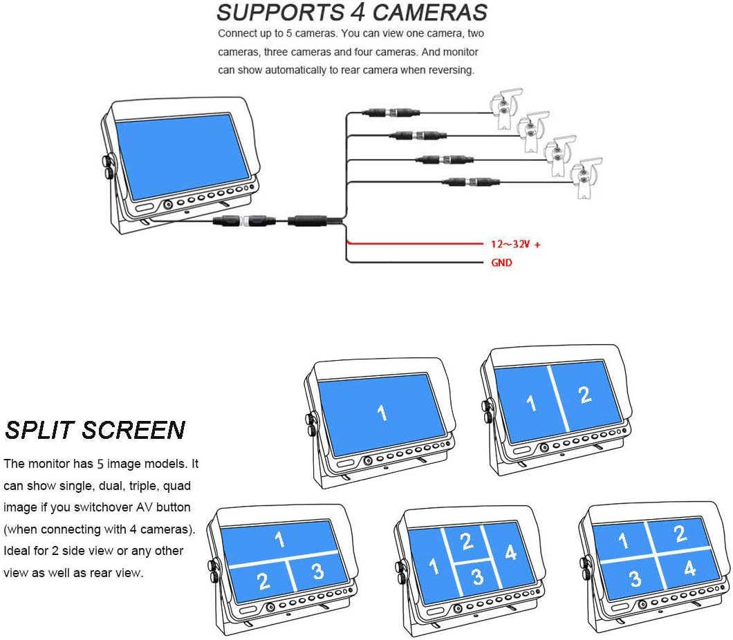 9 inch Quad Split Screen Backup Camera System for Truck Trailer RV Van Caravan Camper B5947