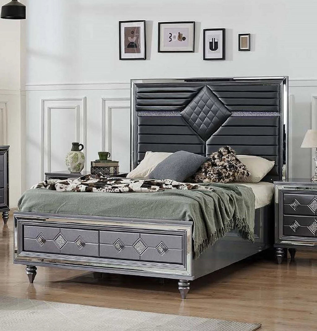 Dark Gray Queen Bed with Dresser Mirror Nightstand Chest T75013
