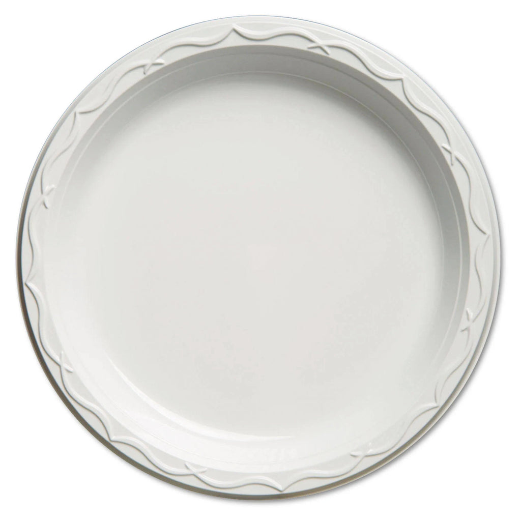 White Round Plastic Plates, 10 1/4 Inches, 125/Pack D35297