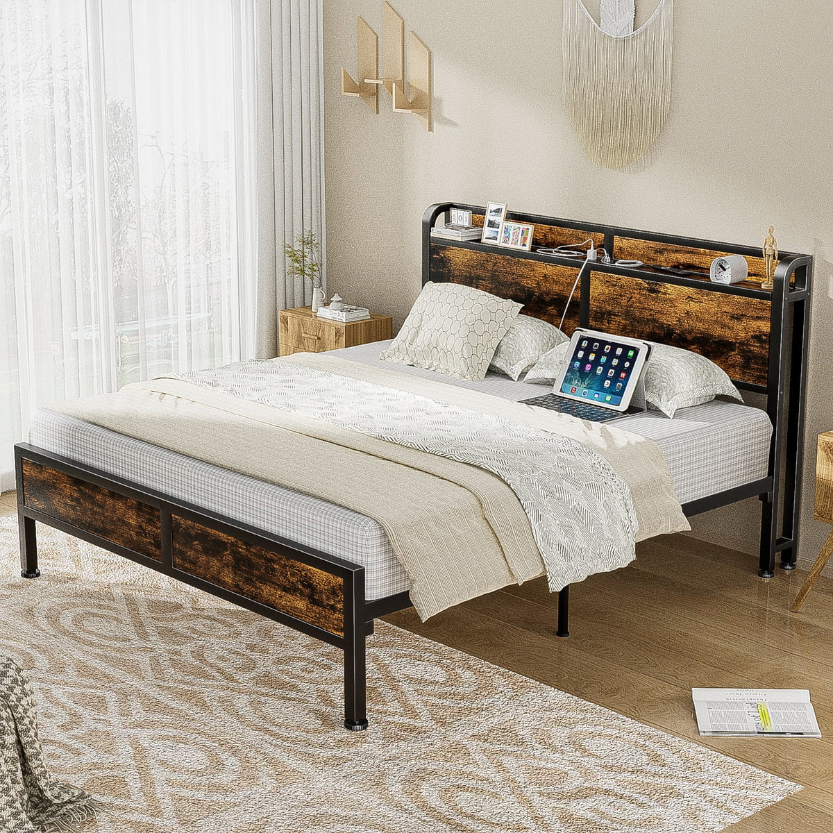 Queen Size Metal Platform Bed Frame with Storage Headboard X866883