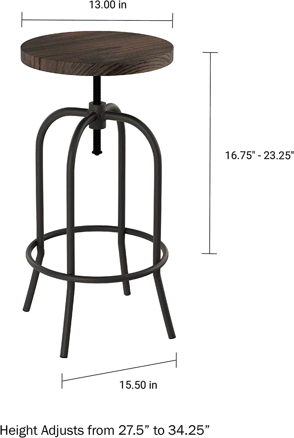 Swivel Adjustable Backless Bar or Counter Height Metal Stool with Elm Wood Seat H2455