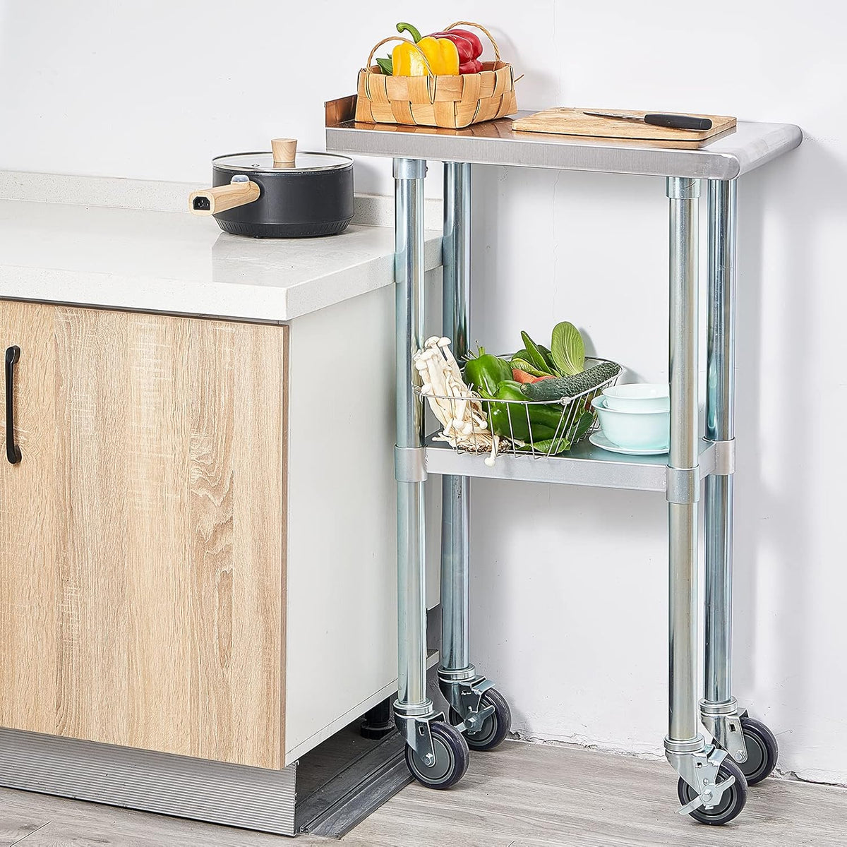 Stainless Steel Metal Work Table with Backsplash, Adjustable Shelf and Caster Wheel I679009